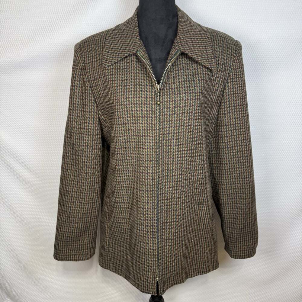 Sag Harbor Women’s Size 12 Wool Blend Houndstooth Plaid Zip Front Jacket VTG